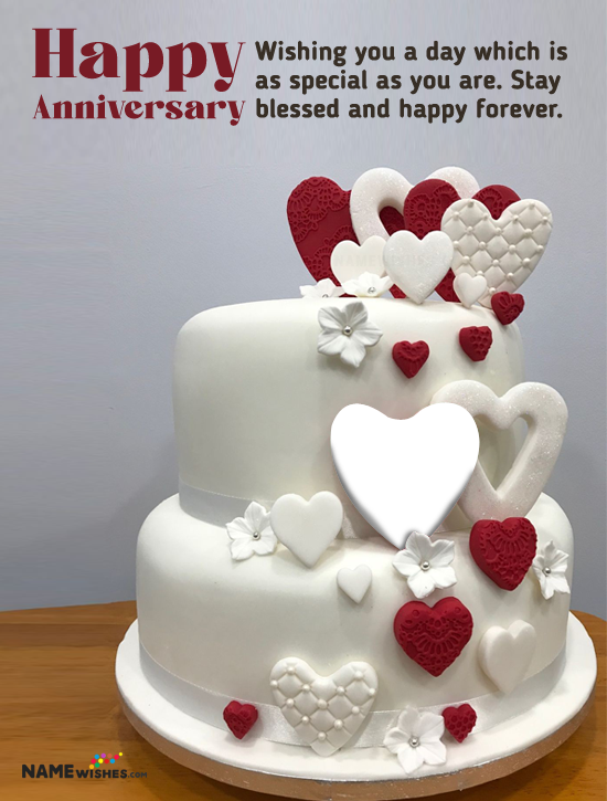 Double Hearts Anniversry Cake with Name and Photo Wish