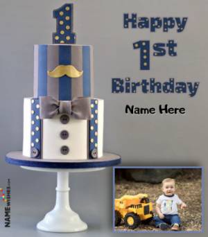 Baby Boy 1st Birthday Themed Vanilla Cake With Name and Photo