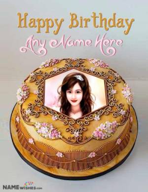 Birthday Cake With Name and Photo in Royal Golden
