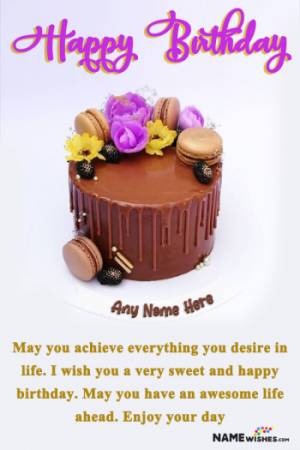 Chocolate Macrons and Flowers Birthday Cake With Name For Friends