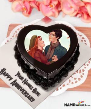 Dark Chocolate Anniversary Cake With Name and Photo - Heart Cake
