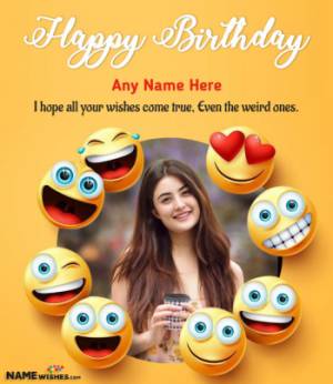 Funky Emoji Birthday Wish for Friend with Name and Photo