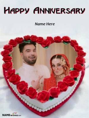 Happy Anniversary Heart Shaped Red Cake With Name and Photo