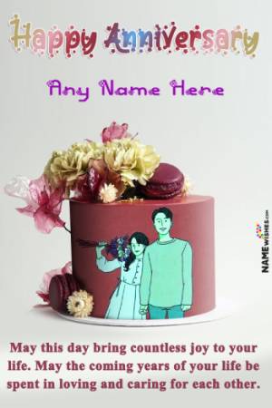 Macrons and Flowers Anniversary Cake with Name and Photo