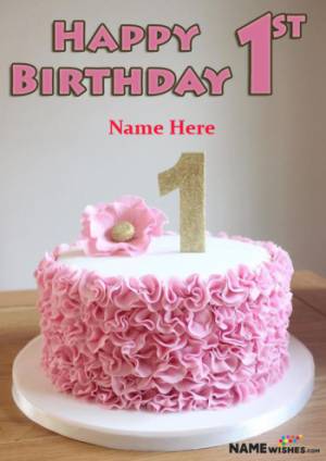 Pink Rosette 1st Happy Birthday Cake With Name Edit For Baby