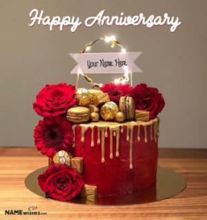 Red Love Anniversary Cake With Name and Photo Edit