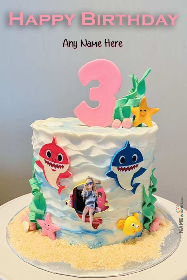 Baby Shark Themed 3rd Birthday Cake with Name and Photo