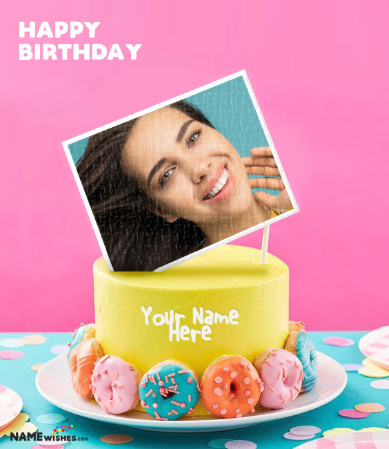 Birthday Cake With Name and Photo - Colorful Donuts Cake