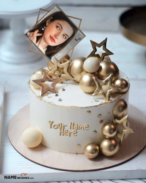 Birthday Cake With Name and Photo - Golden Pearls
