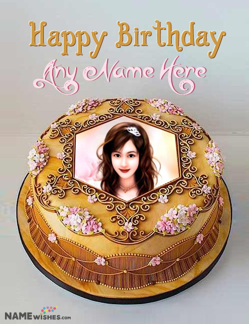 Birthday Cake With Name And Photo In Royal Golden