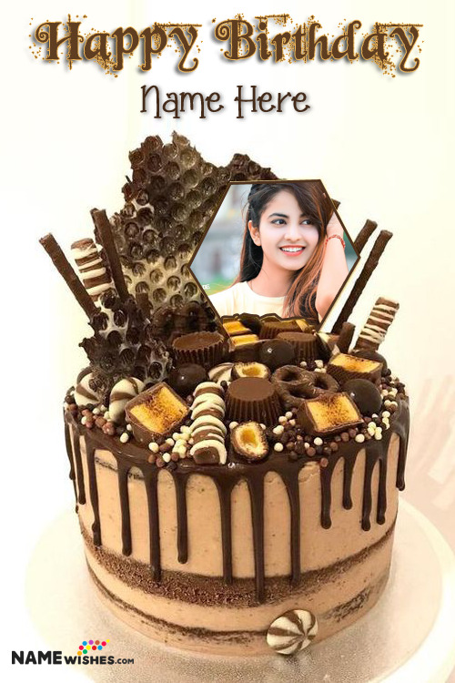 Caramel Chocolate Kit Kat Cake With Name And Photo