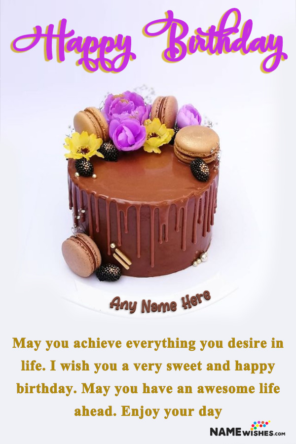 Chocolate Macrons And Flowers Birthday Cake With Name For Friends