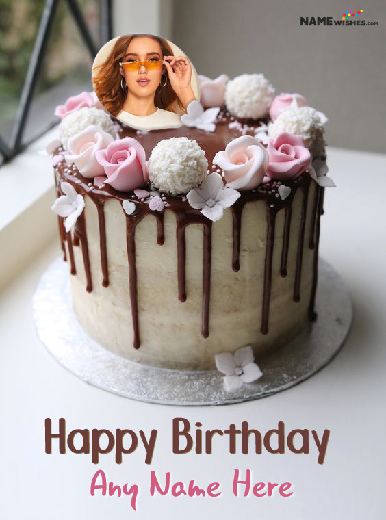 Chocolate Vanilla Rose Birthday Cake With Name and Photo