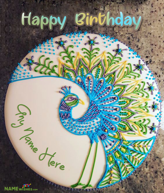 Colorful Peacock Birthday Cake With Name For Brother Or Husband