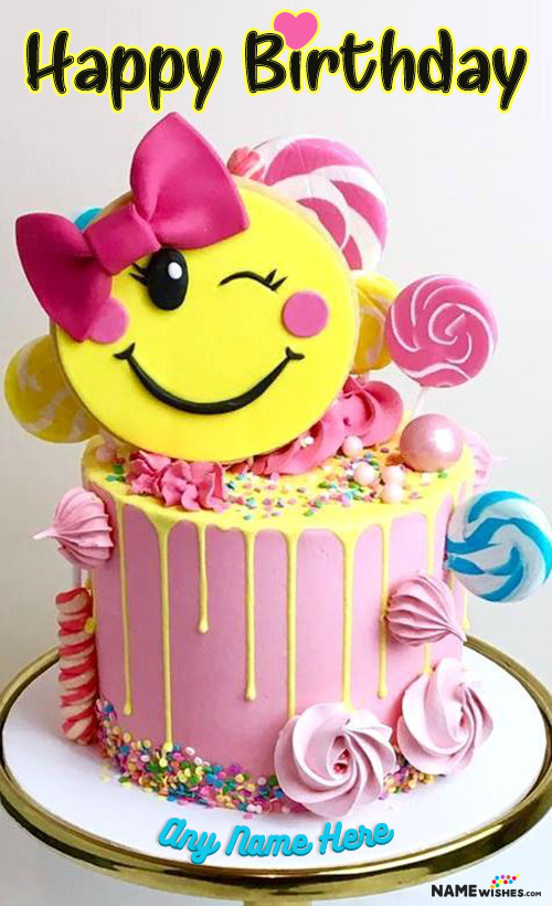 Cute Winky Smiley Birthday Cake For Girls With Name Free Online
