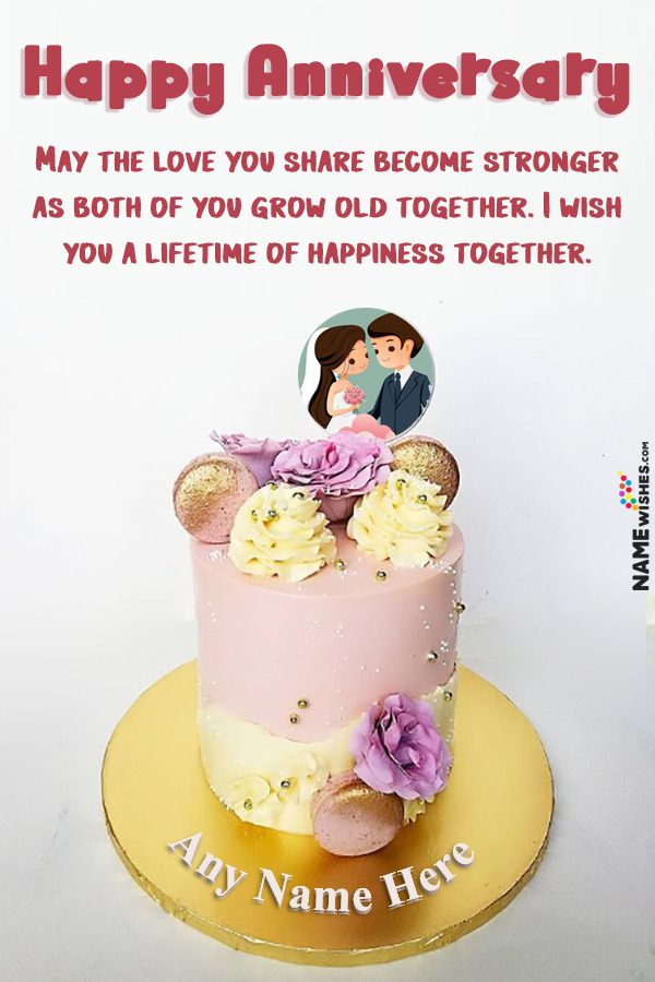 Fresh Flowers and Macrons Anniversary Cake With Name and Pic Edit