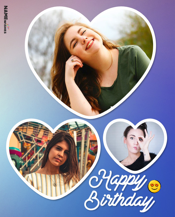 Happy Birthday Collage With 3 Photos in Heart Shape Frames