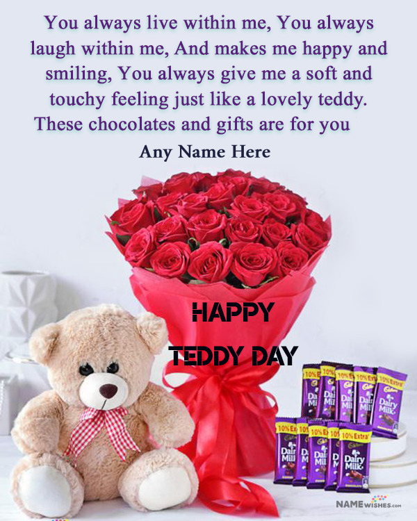 Happy Teddy Day Chocolates and Flower Bouquet with Cute Wish