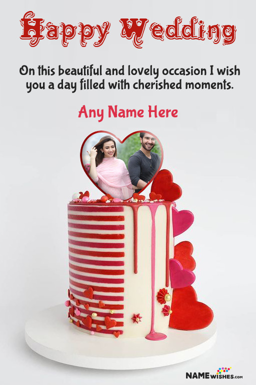 Happy Wedding Red Heart Cake Wish With Name And Photo