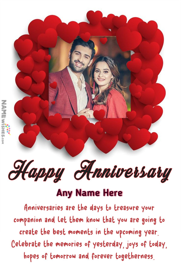 Hearts Love Anniversary Photo Frame Wish with Name Edit Online