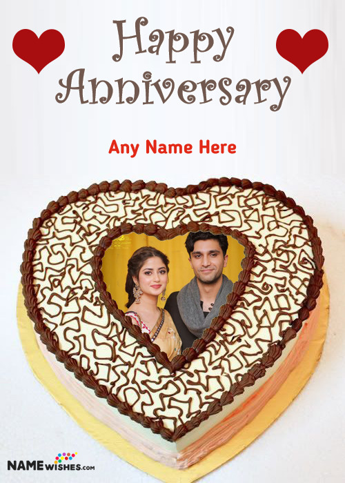 Love Anniversary Cake Golden Heart With Name And Photo