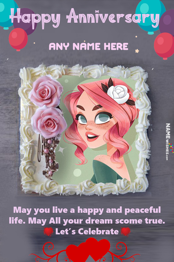 Pink Roses Anniversary Cake With Name and Photo Edit