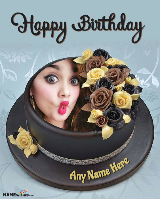 Rose Dark Chocolate Birthday Cake With Name and Photo For Friends