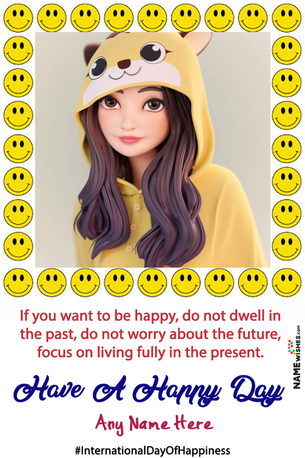 Smiley Emoji day Of Happiness Photo Frame With name