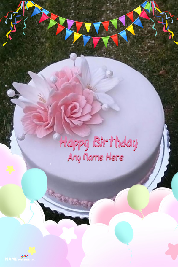 White Cream Birthday Cake with Fresh Flowers and Roses