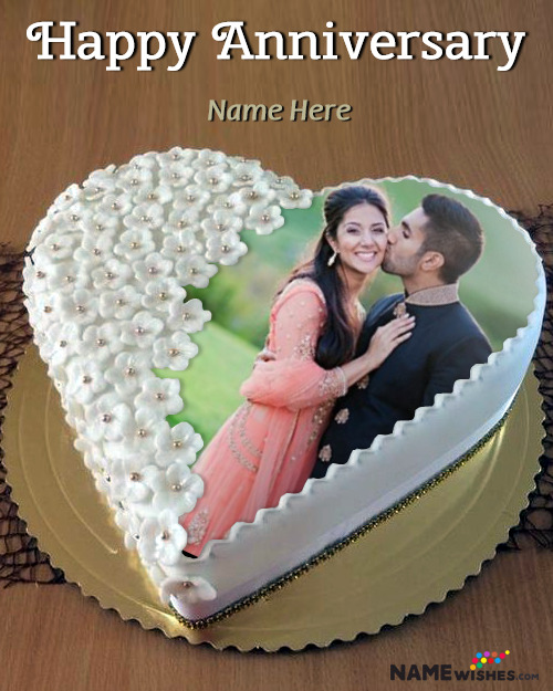 White Rosette Heart Anniversary Cake With Name and Photo